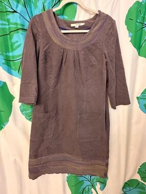 Boden Mauve Corduroy Shift Dress with Embroidered Neckline and Hem